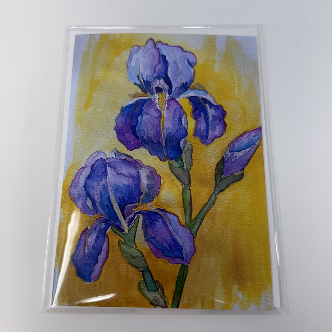Card with purple flowers on a yellow background